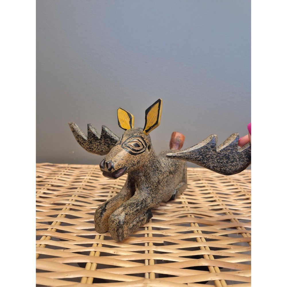 Guatemala Hand Carved Wood Moose Figurine Folk Art Sculpture Rustic Cabin Decor